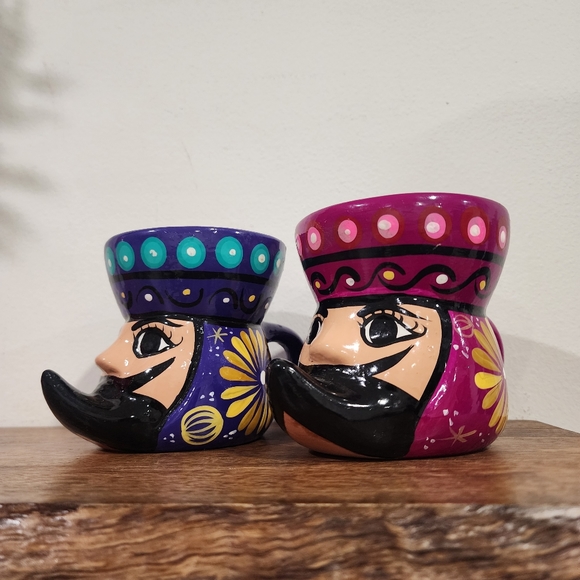 Artisan Hand Painted Mexican Folk Art Terracotta Face Mugs Set of 2 - Picture 3 of 8